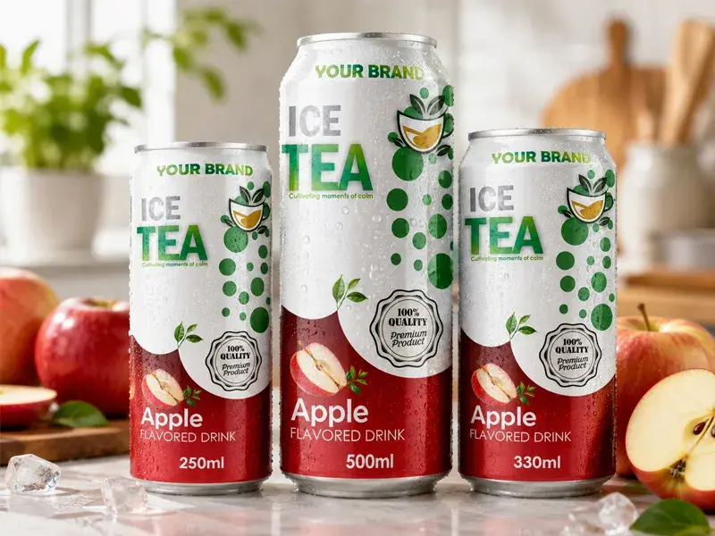 ICE TEA Apple flavored drink cans in 250ml, 330ml and 500ml sizes.